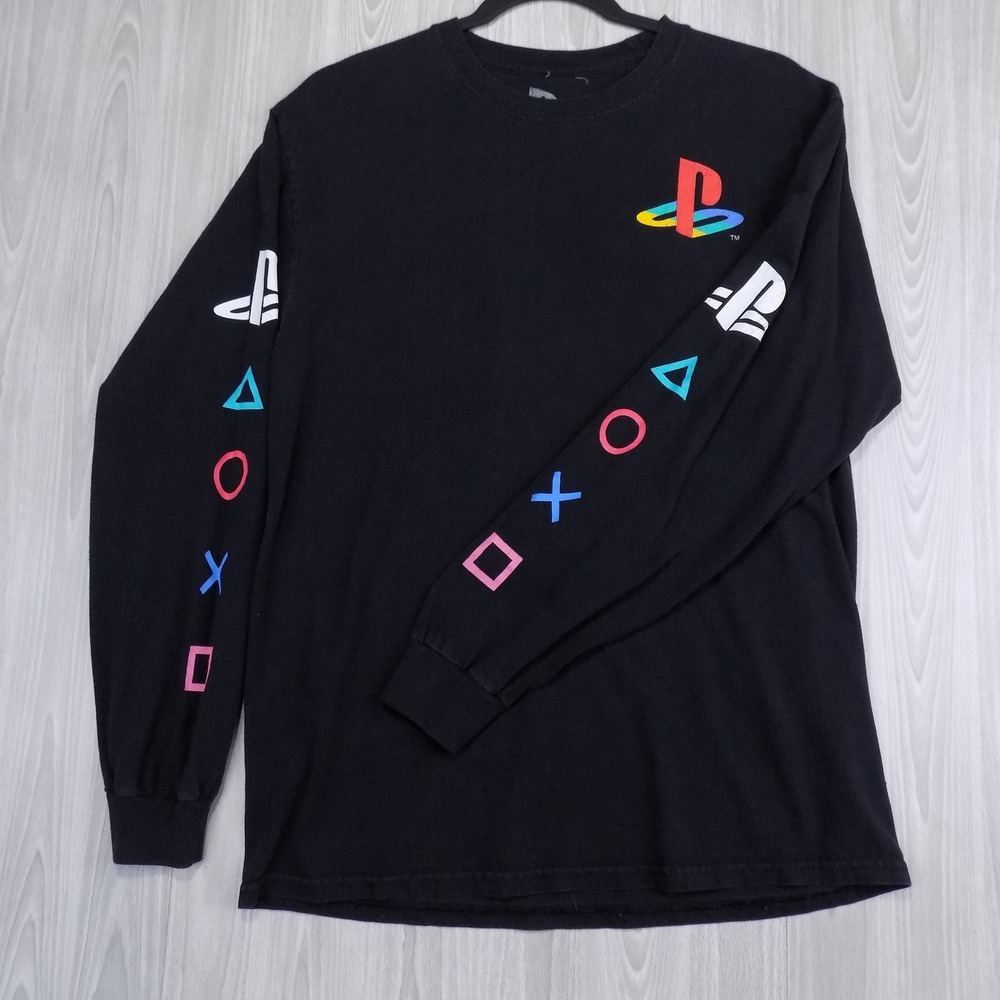 PlayStation Graphic T-Shirt Size Small Black Long Sleeve Controller Symbols EUC